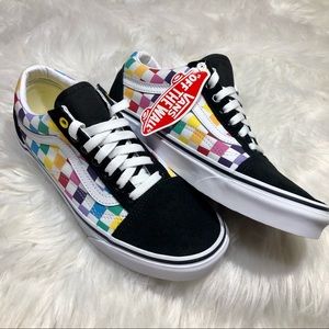 🌈 NWT!!! Vans Old Skool Rainbow Checkerboard Black Suede Shoe W 8.5